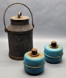Rusted Milk Can & Lid;     2 Vintage Smudge Pots