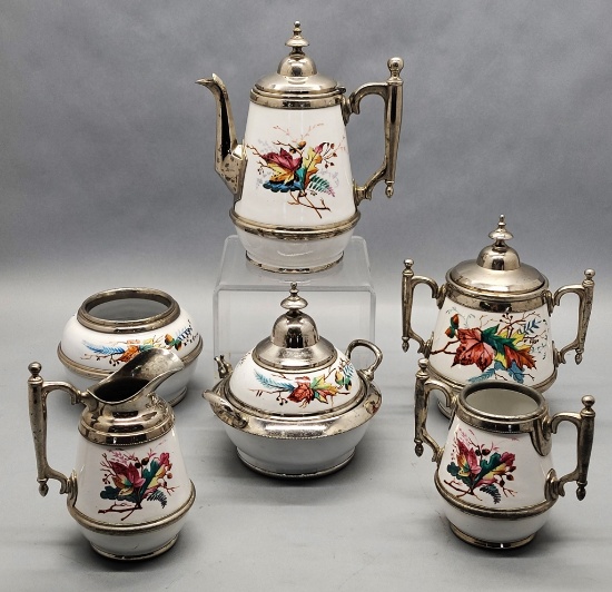 Very Nice Antique (1880s) Pewter Trimmed Graniteware Enameled 5-piece Coffe