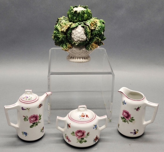 3-piece 5" Individual Tea Set;     5" Italian Faience Cauliflowers Figure -
