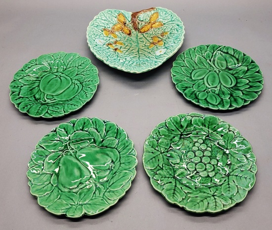 Majolica 10" Dish W/ Leaf Design;     4 Portugal Majolica 8" Plates