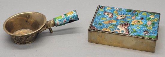 Tooled & Cast Brass Enameled Dish W/ Handle;     Lidded Hinged Box - 5½"x3½