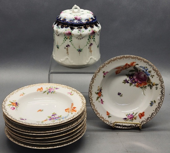 9 8" Selb Bavaria Dresden Style Bowls;     Hand Painted Biscuit Jar W/ Lid