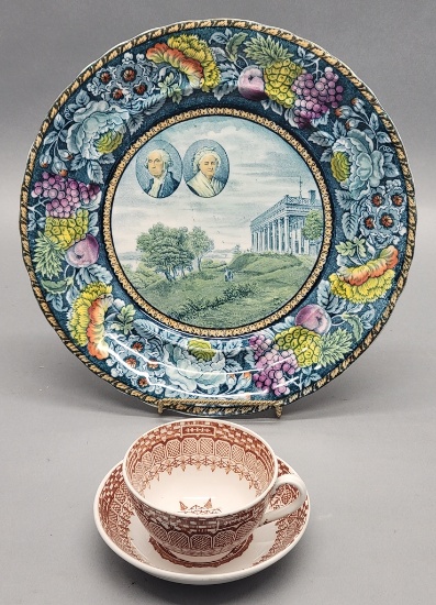 Staffordshire England 10" Plate - Washington's Mt. Vernon, Polychrome Paint