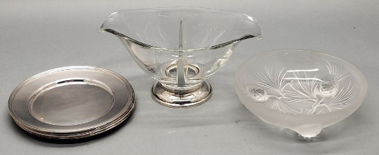4 6" Silverplated Plates;      Divided Glass W/ Sterling Base;     Frosted