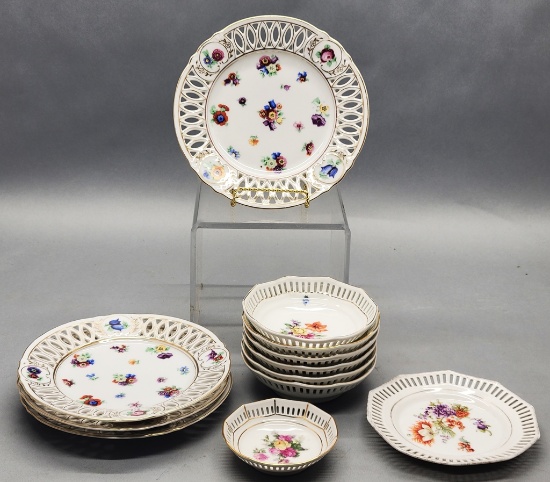 12 Pieces Dresden China - All Floral Decorated W/ Reticulated Borders, Plat