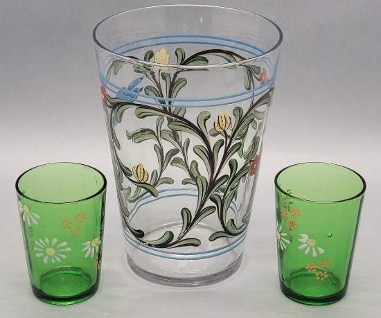 2 Green Glass 4" Tumblers W/ Enameled Flowers;     8" Hand Blown Vase, Enam