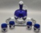 1940s Vintage Farber Bros. Decanter, 4 Cobalt Blue Glass Glasses & Tray