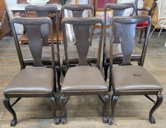 Set Of 6 Antique Oak T-back Chairs W/ Paw Feet - Some Need Tightening & Rep