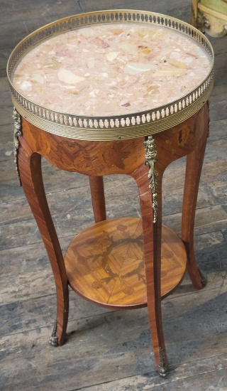 Small Round Ormolu Mounted Inlaid Side Table W/ Gallery Edge - 13"x24" - LO
