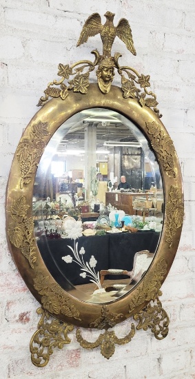 Nice Vintage Heavy Brass Wall Mirror W/ Etched Flowers - 20"x36"