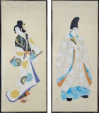 2 Japanese Ancestral Portraits On Silk - Signed Lower Left, Faux Bamboo Fra
