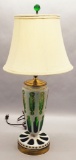 Vintage Bohemian Cut Cased Glass To Green Lamp - W/ Original Finial & Shade