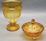 Vintage Bohemian Yellow Cut To Clear Glass Candy Dish - 6½