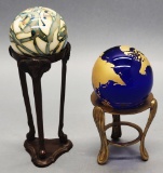2 Art Glass Paperweights W/ Stands