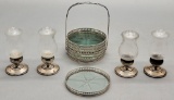 Vintage Sterling & Glass Coaster Set;     2 Pairs Sterling Weighted Salt &