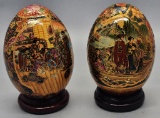 2 Large Porcelain Satsuma Moriage Eggs On Wooden Stands - 4½