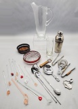 Estate Lot Vintage Barware - Pitcher, Shaker, Tools, Wine Coasters Etc.