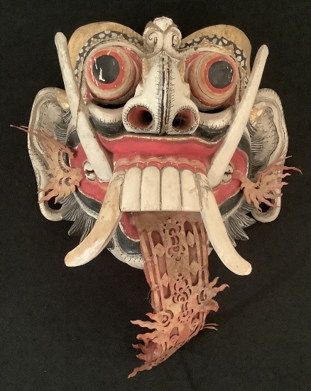 Vintage Hand Carved Rangda Mask - 1 Tusk Has Old Repair