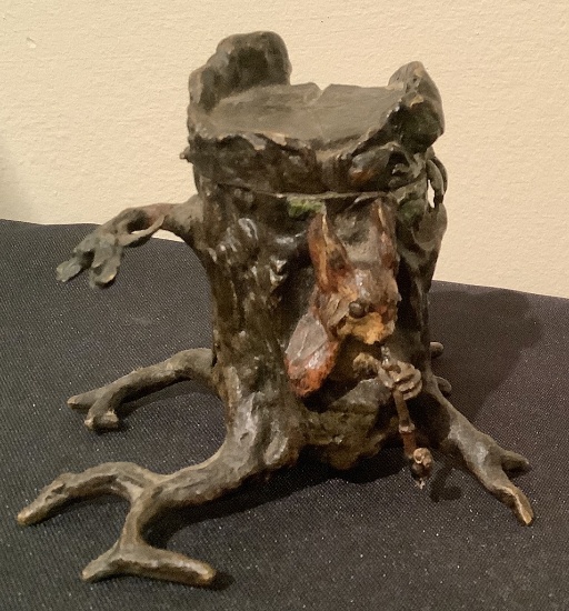 Cast Bronze Polychrome Inkwell Of "Rabbit W/ Pipe" - Signed By Geschutzt,