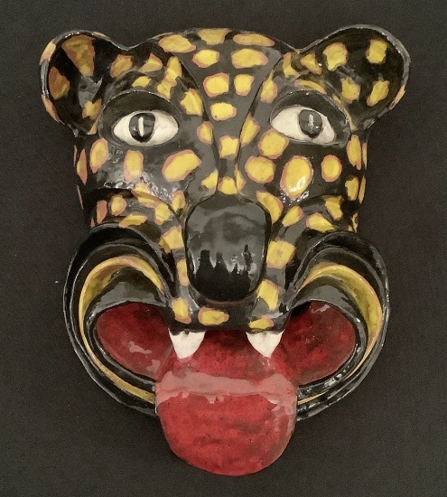 Artist Made Terra Cotta Mask - Signed Judy Signovine 85 #38, "Le Chat Noir De Sami", 10"x8"