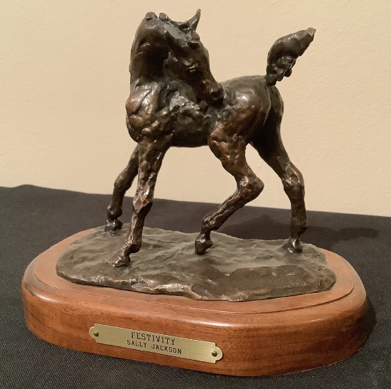 Bronze On Wooden Pedestal - "Festivity", By Sally Jackson, 11/30, 6"x7"