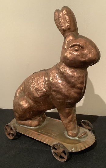 Cast Molded Copper Bunny On Wheels - Michael Bonne, 12"x9"