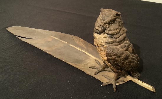 Wonderful Austria Bronze Inkwell - Owl & Feather, In Great Condition, Stamp
