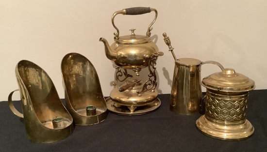 Estate Lot Brass Items - Includes 4-piece 12" Tippy Teapot, 2-piece 10" Fir