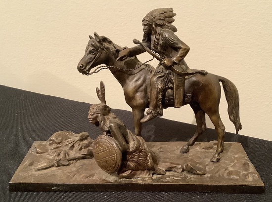Bronze Of "Native American Indian W/ Horse" - Circa 1900, Signed By Carl Kauba (1865-1922), 7"x5"