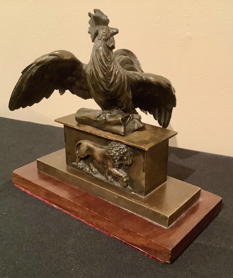 Bronze Of Rooster On Pedestal W/ Lions - On Wooden Base, Signed Bouret, 8"x