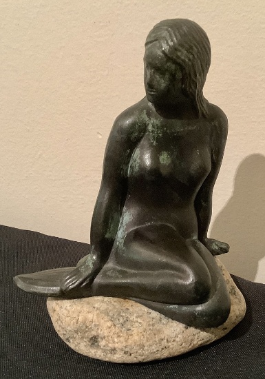 Small Vintage Cast Figure Of "Mermaid On Rock" - 4"x5"
