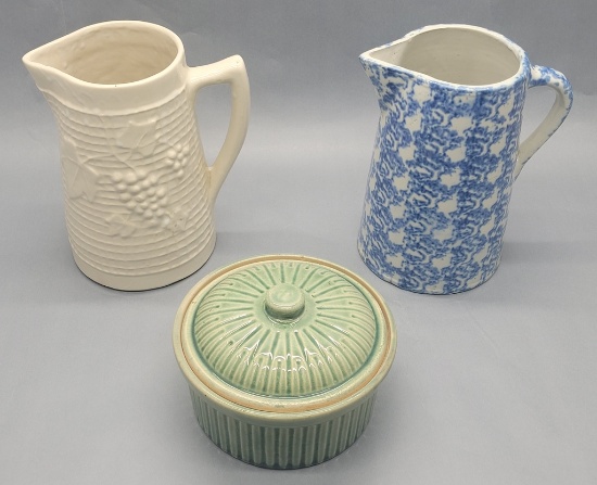 Vintage Crockery Casserole;     2 Vintage 8¾" Stoneware Pitchers - Small Ch