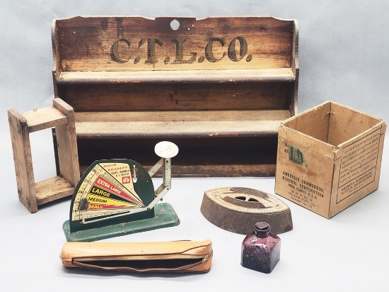 Estate Lot - Includes:  Tin Egg Scale, Wooden Rack, Sad Iron & Misc.
