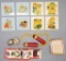 8 Vintage Tiles;     Pair Vintage Dutch Knitting Spools;     2 Tin Litho Eg