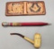 Hand Made Tooled Leather Wallet;     Old Corncob Pipe;     Vintage 1940s La