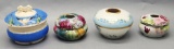 3 Hand Painted China Hair Receivers;     Powder Box W/ Lid