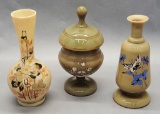 2 Hand Painted & Enameled Victorian Vases;     Compote W/ Lid
