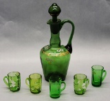 5 Small Hand Painted & Enameled Victorian Cups W/ Decanter