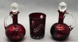 Pair Nice Deep Ruby Cut To Clear Cruets & Tumbler