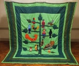 Large Vintage Hand Made Appliqued Folk Art Quilt - Signed Regina 1971, 96