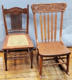 Old Wooden Spindle Chair W/ Applied Carving;     Old Wooden Pressed Back Se