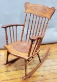 Early 1900s Pressed Back Rocker W/ Old Leather-Like Paper Embossed Seat - L