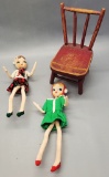 2 Big-Eyed 1960s Character Dolls;     Small Wooden Doll Chair - 10