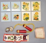 8 Vintage Tiles;     Pair Vintage Dutch Knitting Spools;     2 Tin Litho Eg