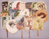 Large Lot Vintage Paper Advertising Fans W/ Wooden Handles