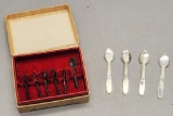 Very Rare Tiny Utensil Set In Small Original Box;     4 Vintage Tin Spoons