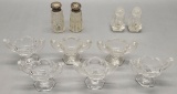 2 Pairs Cut Glass Salt & Pepper Shakers W/ 6 Matching Stemmed Salt Dips