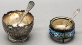 2 Vintage Salts - 1 Is Enameled W/ Glass Insert 1 Is Shaped Like A Silver P