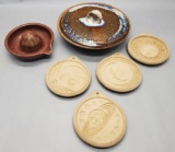 Vintage Pottery Juicer;     4 Molds;     Covered Casserole - Artist Signed,