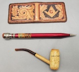 Hand Made Tooled Leather Wallet;     Old Corncob Pipe;     Vintage 1940s La